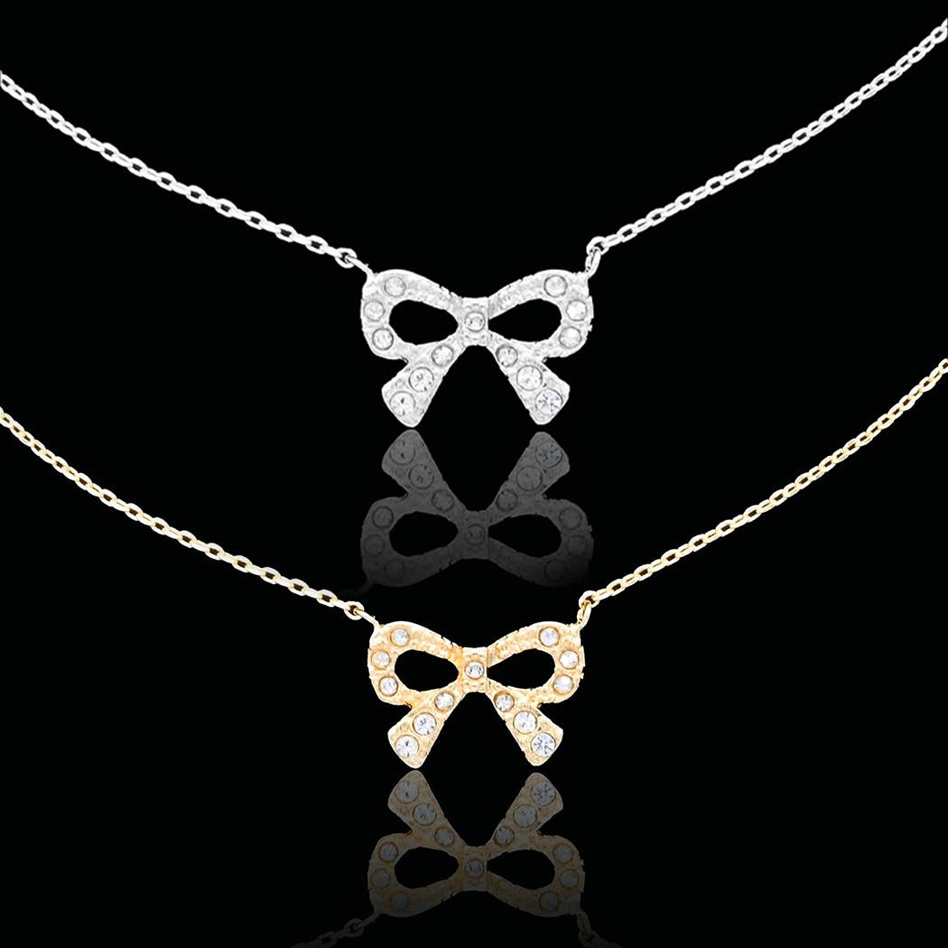 Thin Linear Bow Ribbon Pendant Necklace