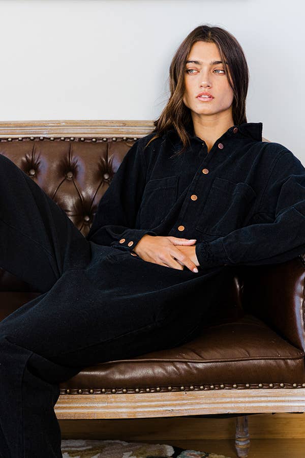 Black Long Sleeve Denim Jumpsuit