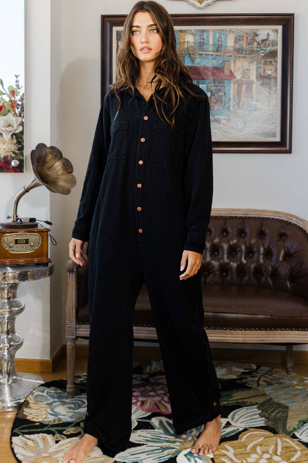 Black Long Sleeve Denim Jumpsuit