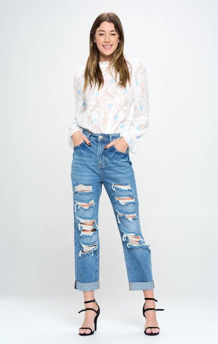 BLUE AGE - HIGH RISE RIPPED BOYFRIEND JEANS JP-1134H