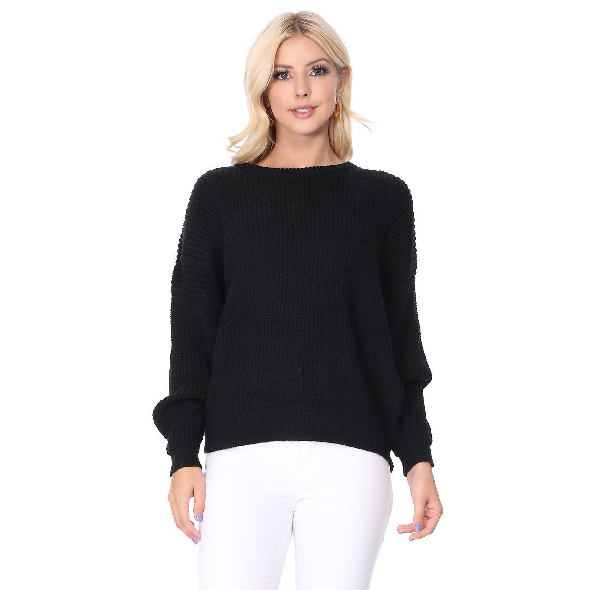 Mak - Waffle Stitch Bat Wing Bow Back Pullover Sweater MK8224
