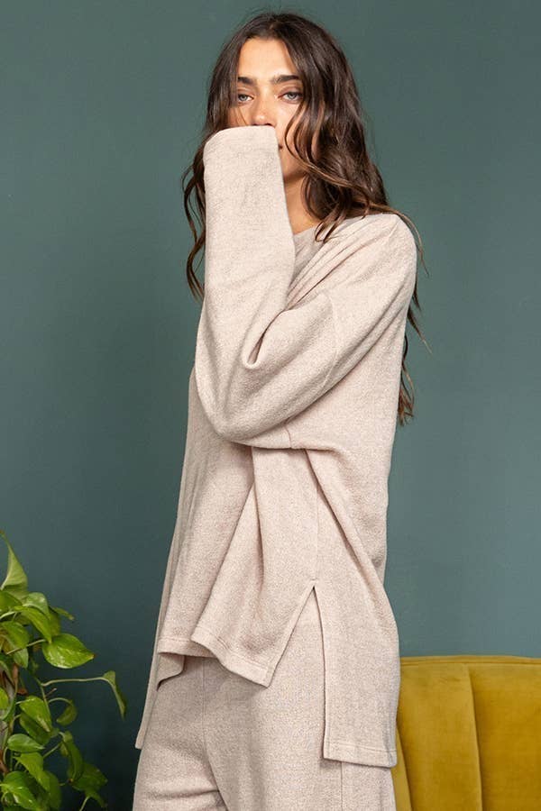 Solid Blushed Knit Oversize Henley Top
