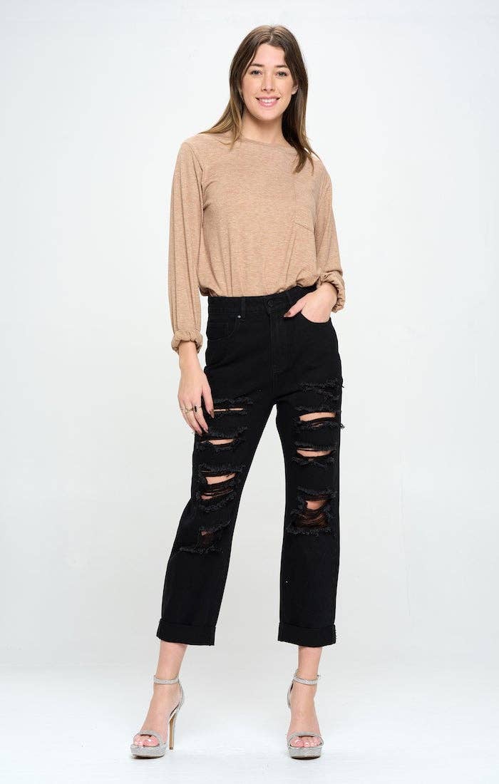 BLUE AGE - HIGH RISE RIPPED BOYFRIEND JEANS JP-1134H