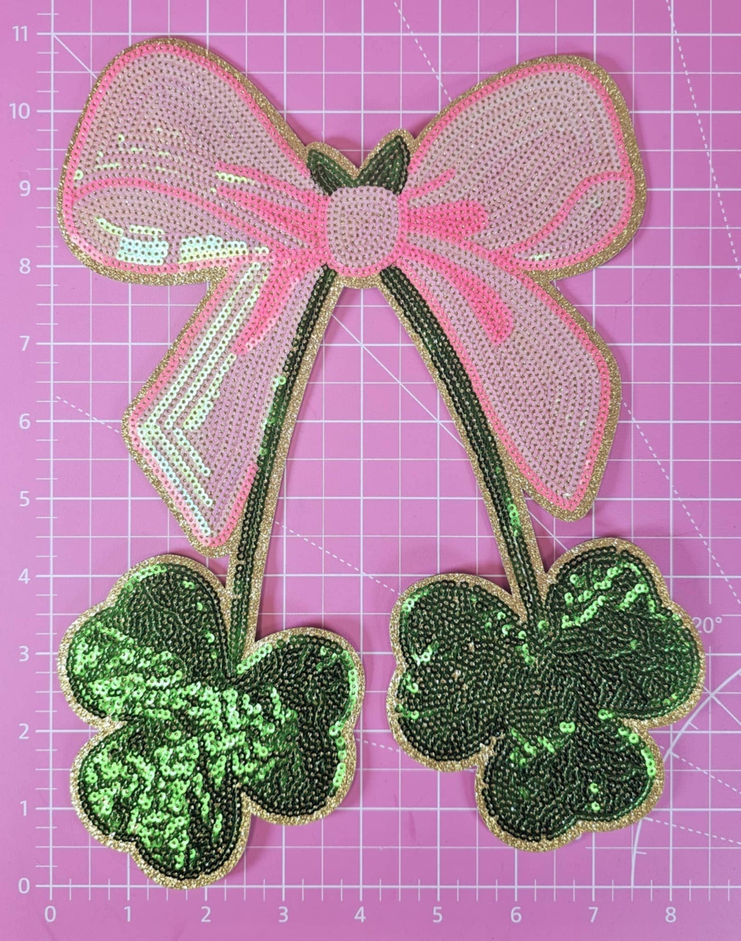 Scratch Decor - Pink Bow with Clover Shamrock Sequin on Gold Glitter Iron-on Patch