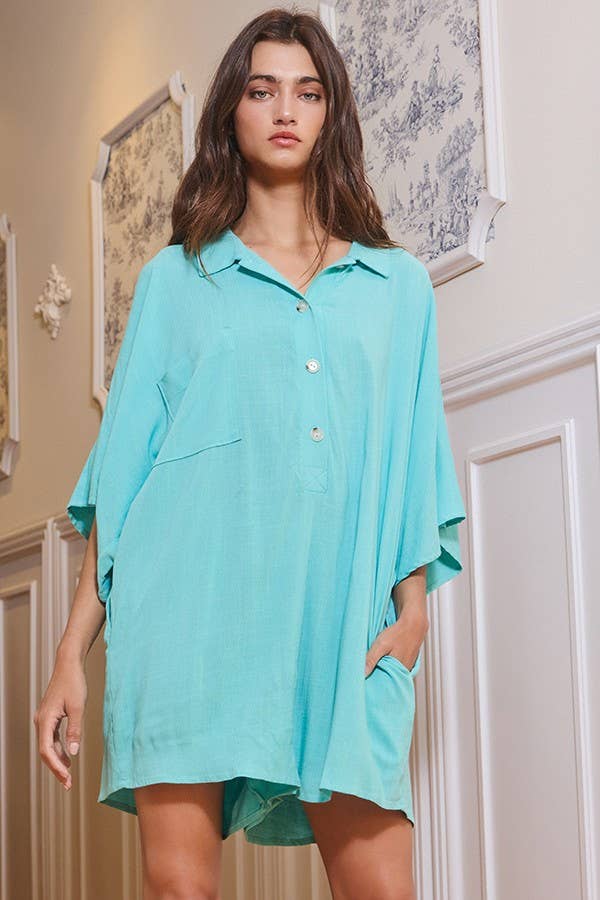 Breezy Days Blue Linen Oversize Button Up Romper