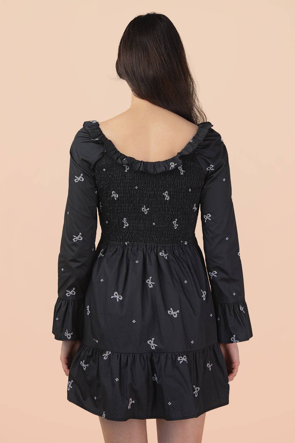VERY J - ND31879-Bow Embroidery Smocked Ruffled Mini Dress