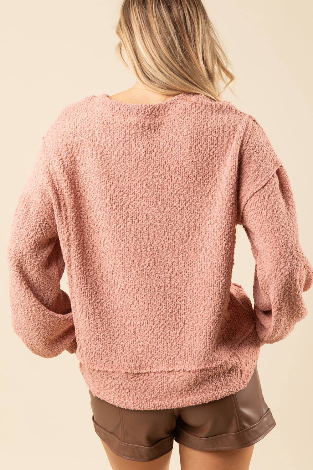 VERY J - NT11338-Round Neck Textured Knit Oversized Top