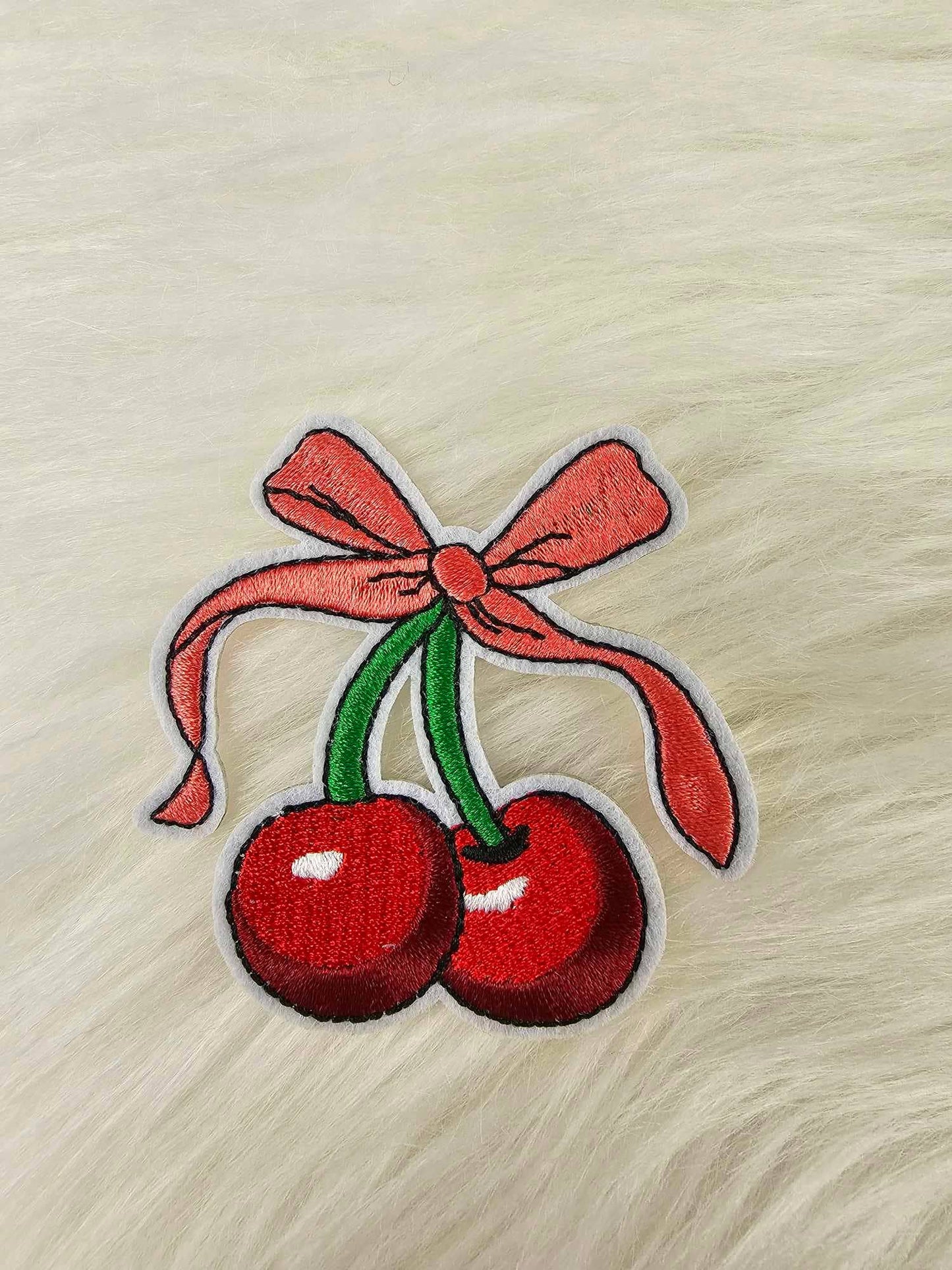 Scratch Decor - Cherry with Pink Bow Embroidery Iron On Patch