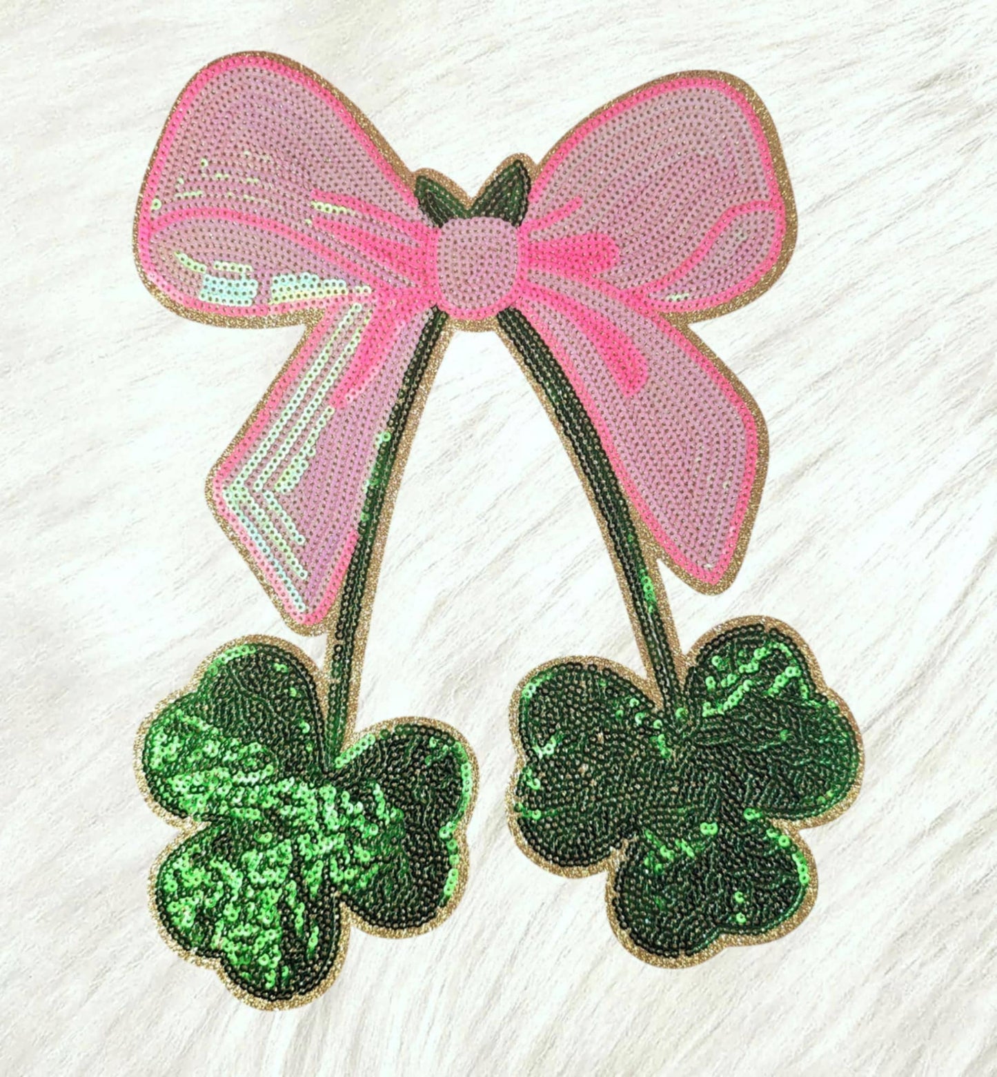 Scratch Decor - Pink Bow with Clover Shamrock Sequin on Gold Glitter Iron-on Patch