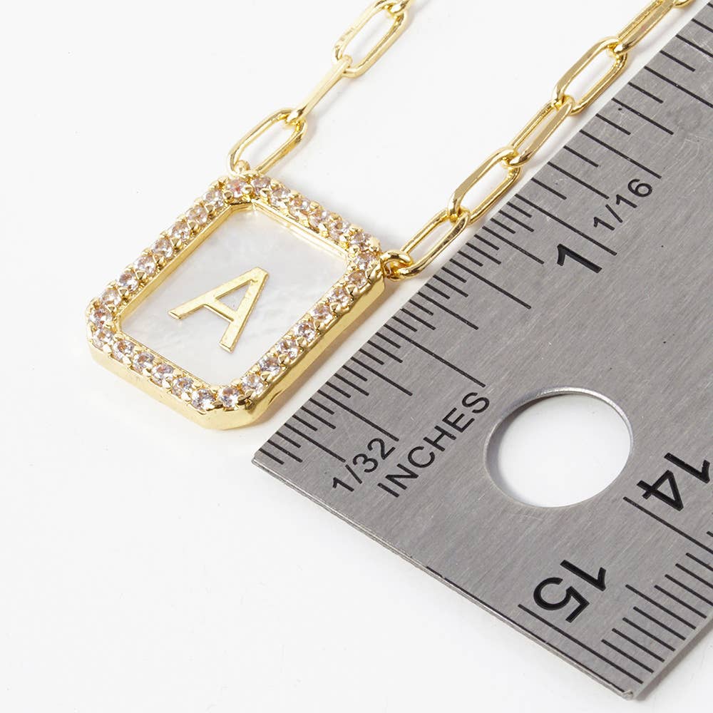 Gold Dipped CZ Stone Paved Rim Mother of Pearl Plate Initial Pendant Necklace