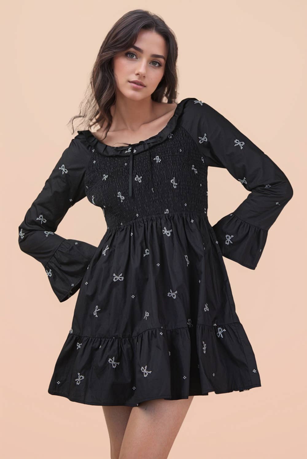 VERY J - ND31879-Bow Embroidery Smocked Ruffled Mini Dress