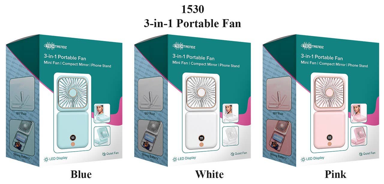 Tech Trendz - 3-in-1 Portable Fan, Mirror & Phone Stand