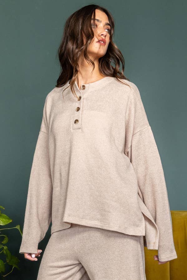 Solid Blushed Knit Oversize Henley Top