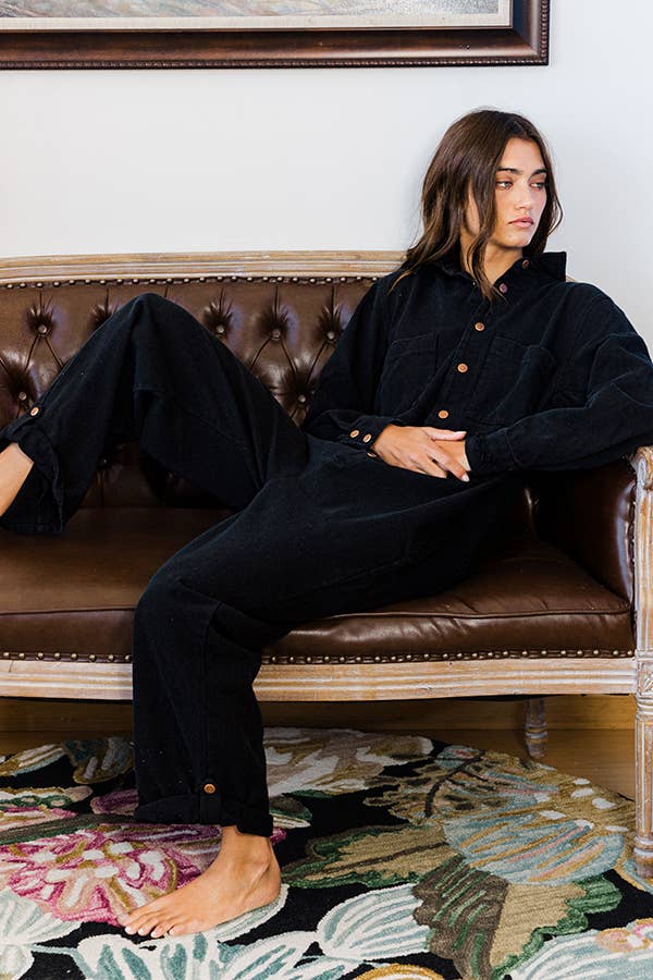 Black Long Sleeve Denim Jumpsuit