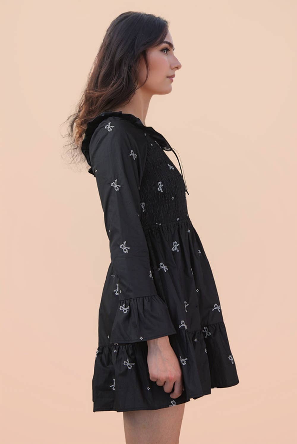 VERY J - ND31879-Bow Embroidery Smocked Ruffled Mini Dress