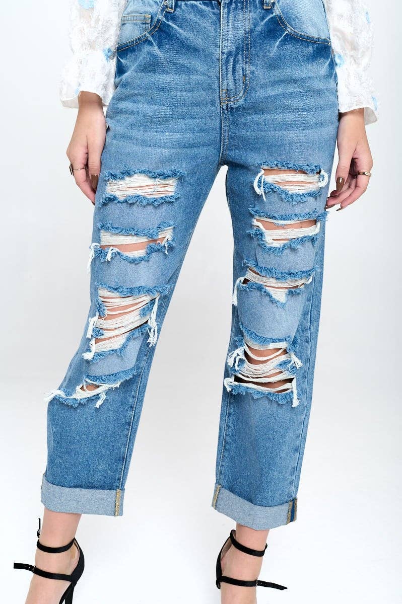 BLUE AGE - HIGH RISE RIPPED BOYFRIEND JEANS JP-1134H
