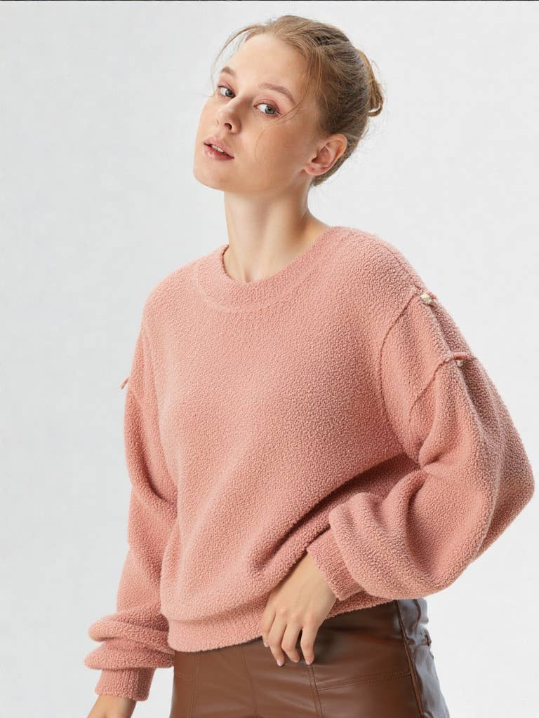 VERY J - NT11338-Round Neck Textured Knit Oversized Top