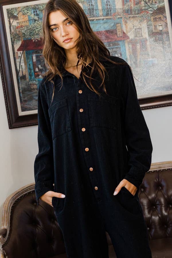 Black Long Sleeve Denim Jumpsuit