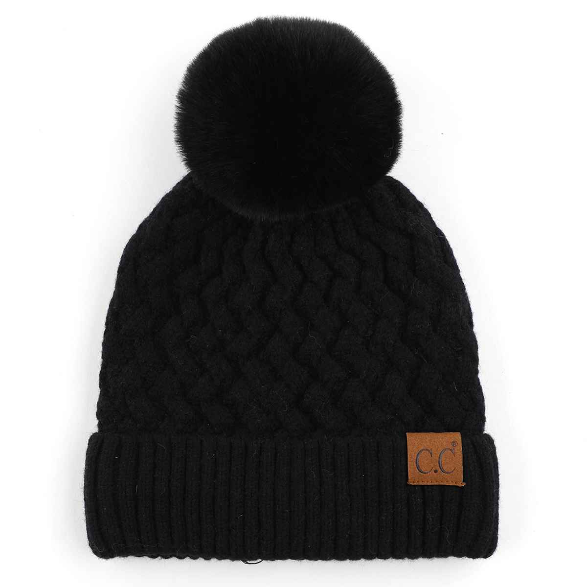 Kayley Woven Cable Knit Cuffed Pom Beanie